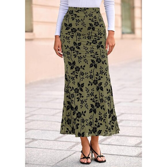 High Waisted Floral Mesh Maxi Skirt - Elegant Mermaid with Lettuce Trim, M Size - Picture 8 of 8